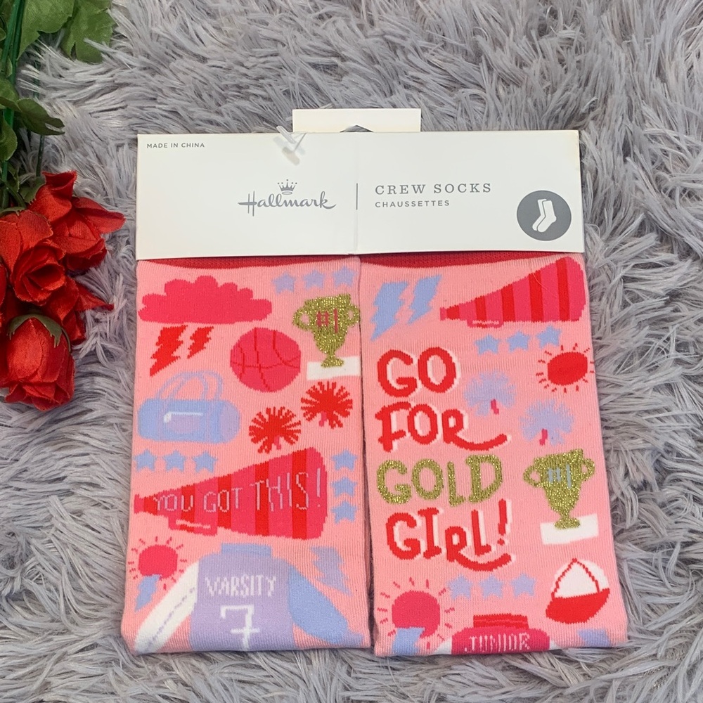 🌹Hallmark • NWT Pink 'Go For Gold Girl' Girls' Crew Socks Sport & Trophy Motifs